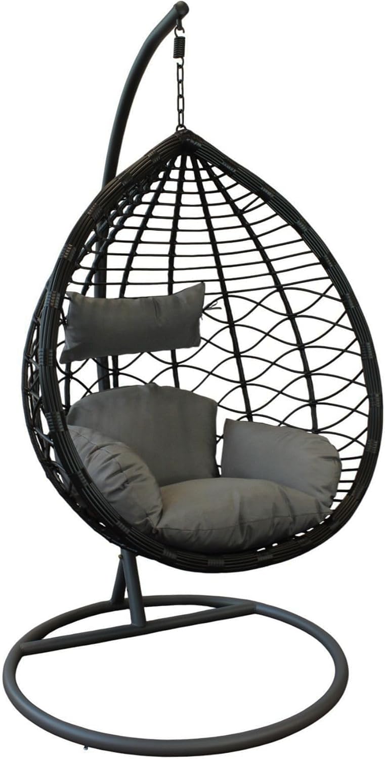Sedie a dondolo, nero, sedia sospesa da giardino in wicker e acciaio con cuscino, poltrona relax per terrazzo e veranda, milani home