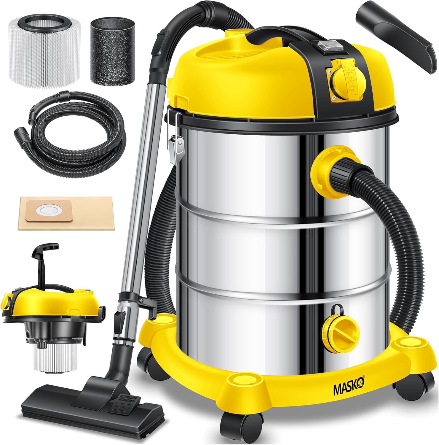 Aspiratori solidi-liquidi per uso commerciale 230V-240V, ® Aspirapolvere industriale, aspirazione a secco e a umido, funzione di soffiaggio, Masko