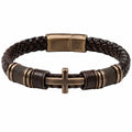 Bracciale intrecciato in pelle marrone con croce in metallo