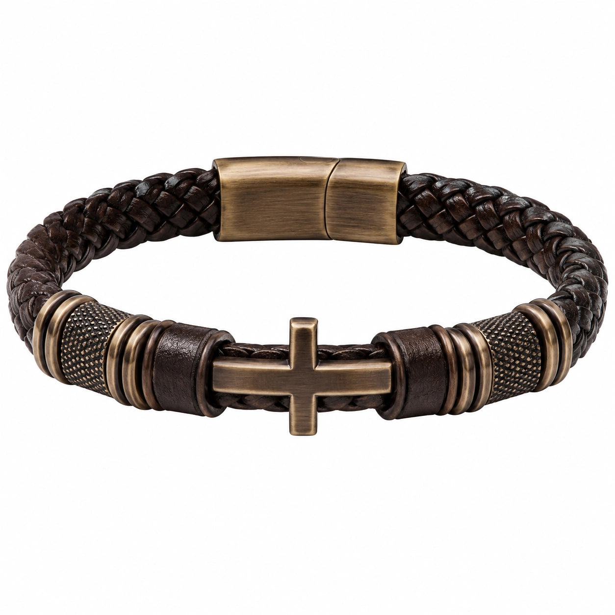 Bracciale intrecciato in pelle marrone con croce in metallo
