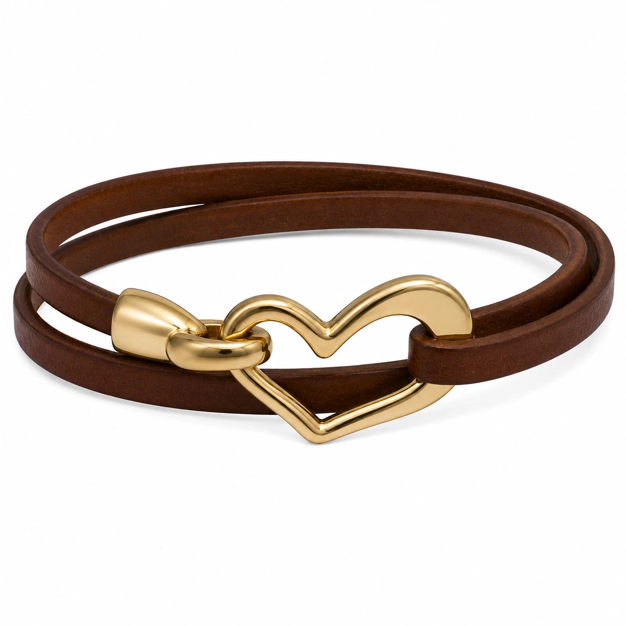 Bracciale in Pelle Marrone con Chiusura Cuore Dorato