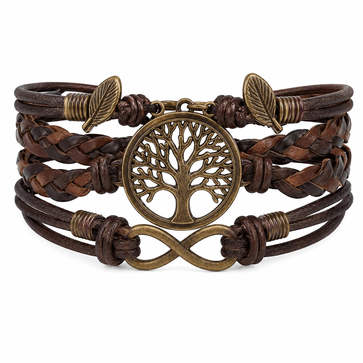 Bracciale multi-strato in corda marrone con albero della vita e simbolo infinito