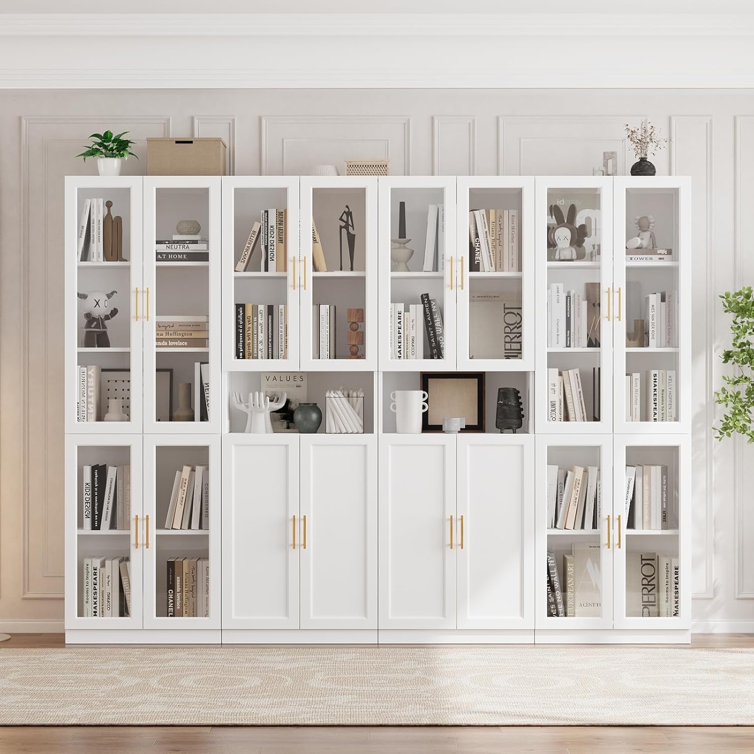 Librerie, Libreria con Ante in Vetro, Soggiorno, Libreria a 5 Ripiani con Ripiano Regolabile, Bianco(CDDC), VOWNER