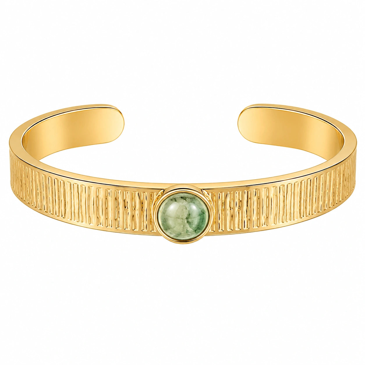 Bracciale rigido dorato con pietra centrale verde