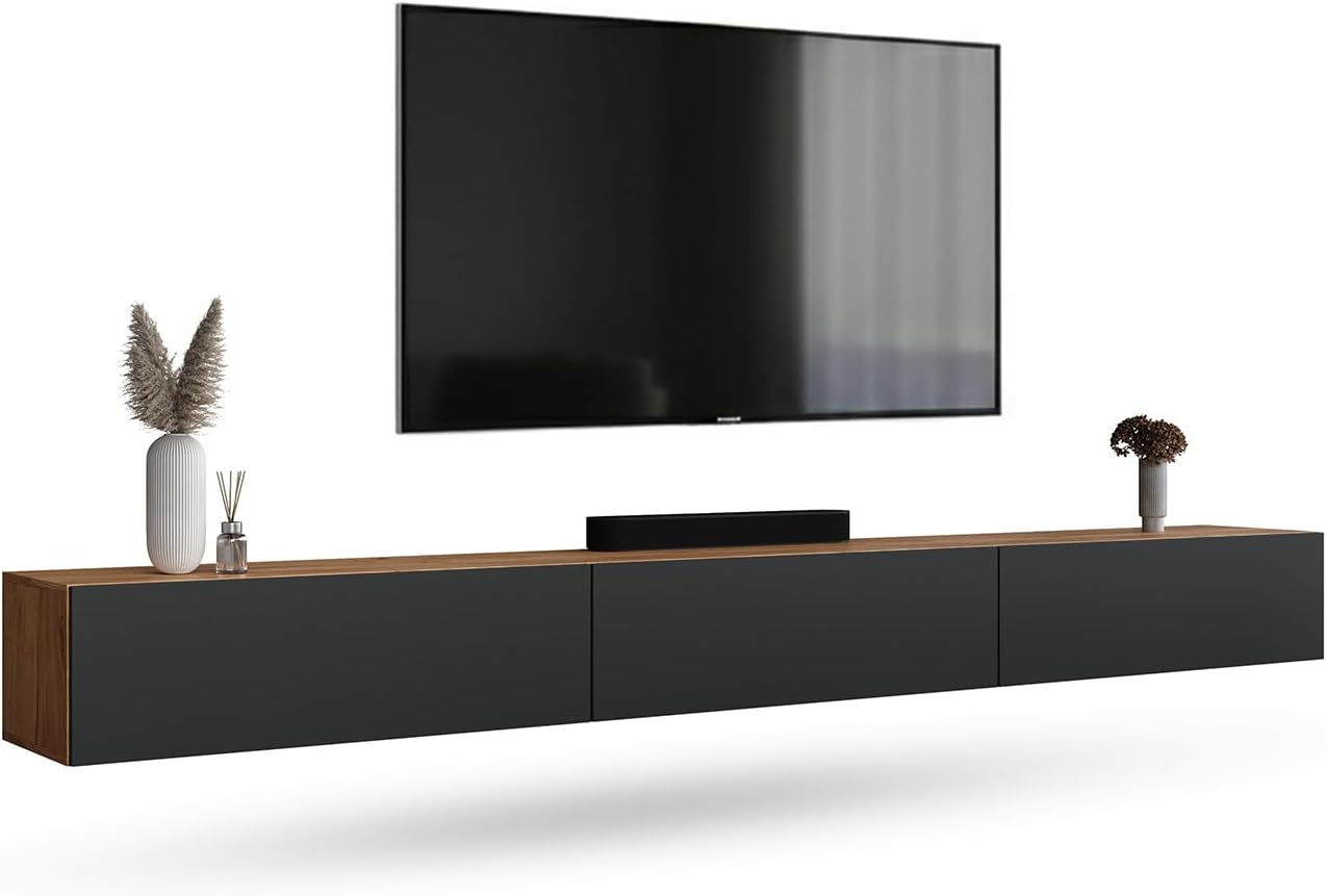 Stand TV e centri multimediali, Mobile TV West, mobiletto TV sospeso o da appoggio, rovere dorato antracite, porta TV lungo 300 cm, Planetmöbel