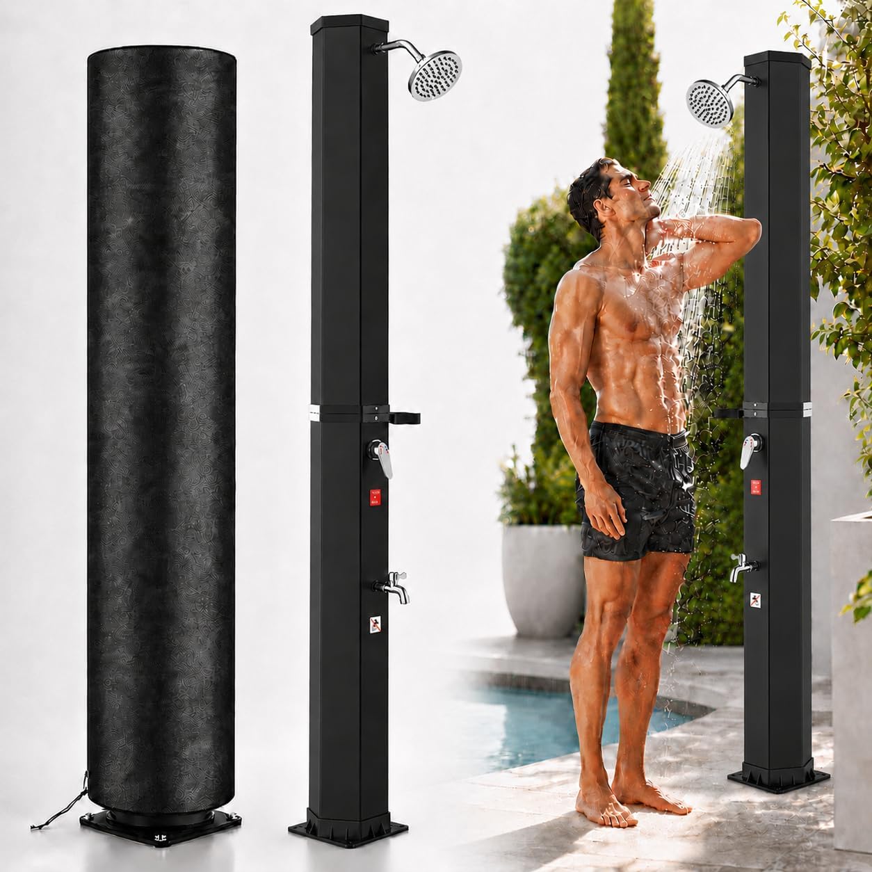 Docce da giardino, Doccia Solare da Giardino 60 Litri con Copertura Protezione, Doccia Esterno con Soffione a Pioggia Regolabile e Rubinetto, Bsteciar