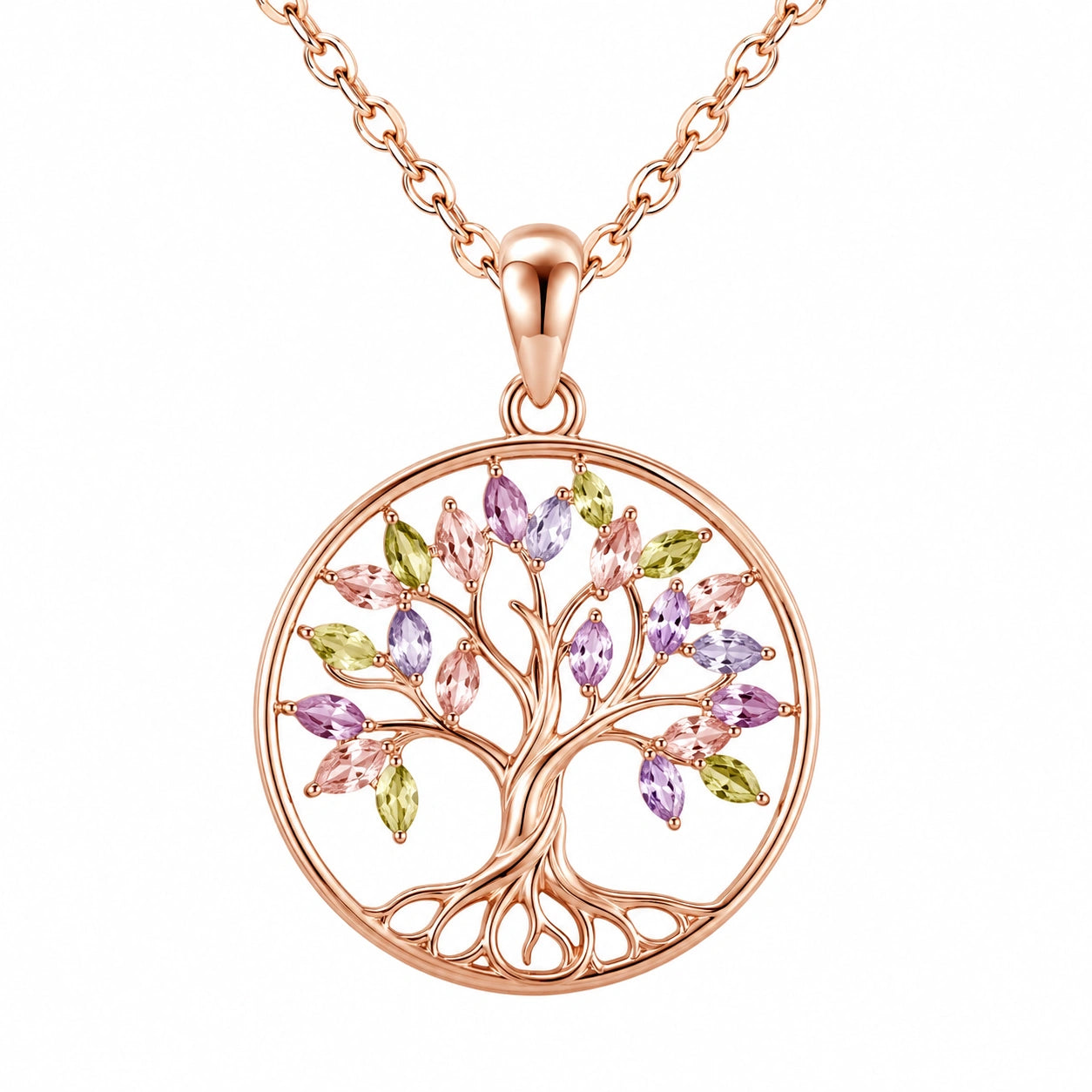 Collana Albero della Vita con Zirconi Multicolori in Oro Rosa