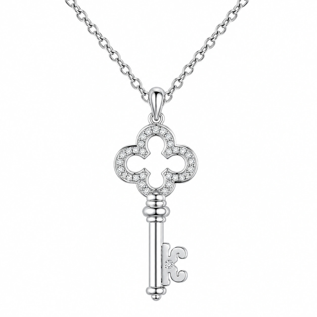 Collana con Pendente a Chiave e Zirconi in Colore Argento