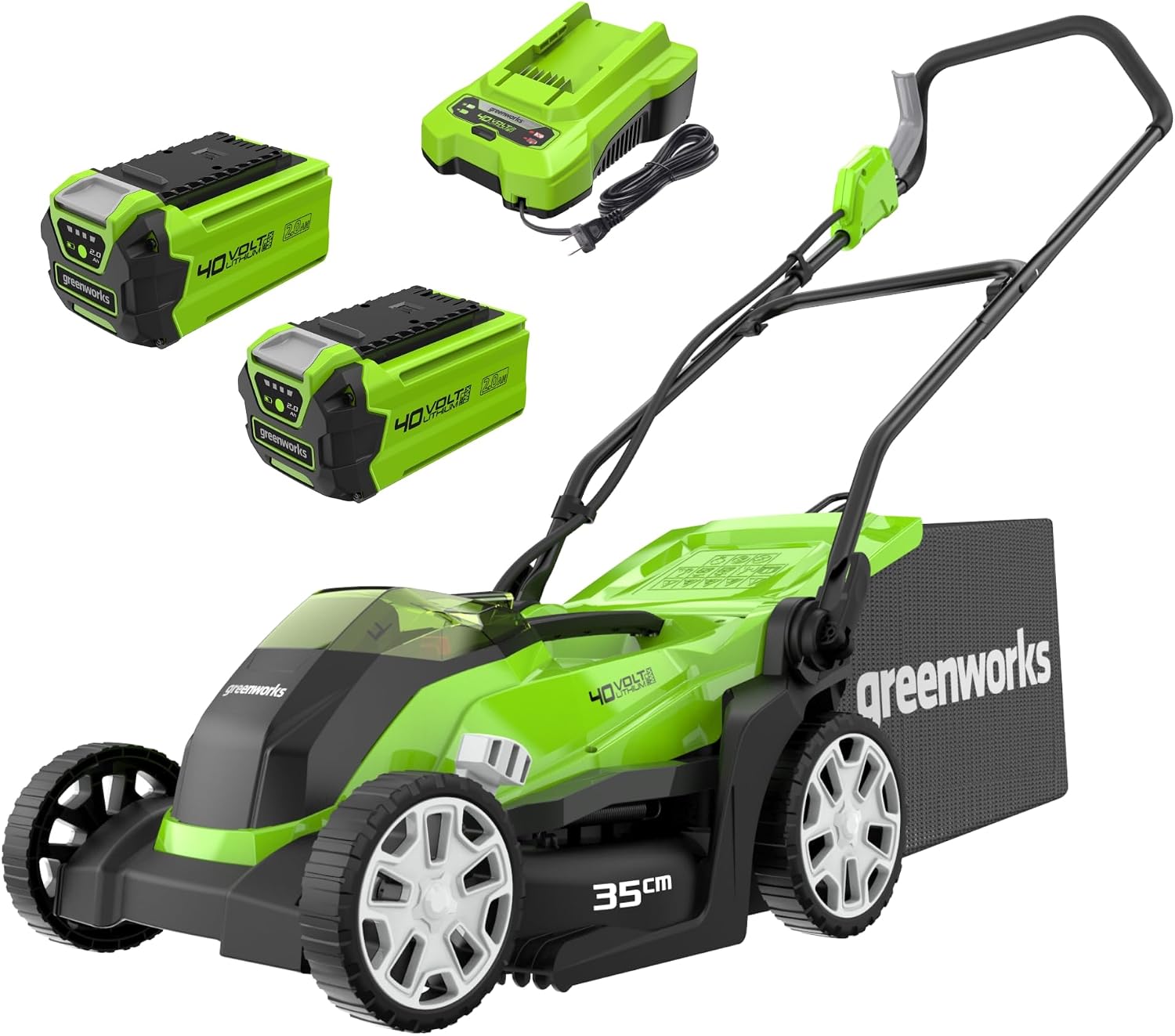 Tosaerba -G40LM35K2X, Sacca da 40 L CON Due Batterie 40 V 2 Ah e 1 Caricabatterie, Garanzia 3 Anni, 40 V a Batteria per Prati Fino a 400m2, Greenworks