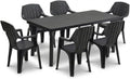 Set da pranzo, Con Braccioli, Impilabile, Per Esterno, Set Tavolo E 6 Sedie Da Giardino In Plastica - Con Prolunga Allungabile, Tomaino