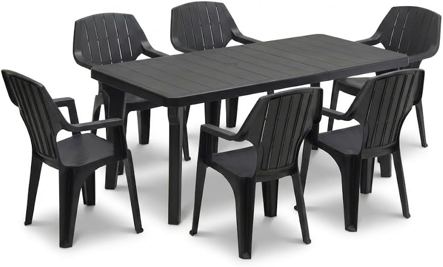 Set da pranzo, Con Braccioli, Impilabile, Per Esterno, Set Tavolo E 6 Sedie Da Giardino In Plastica - Con Prolunga Allungabile, Tomaino