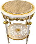 Tavolini da caffè, Tavolino rotondo bianco in legno stile barocco vintage realizzato a mano con piano in marmo, CasAmin Home & Living