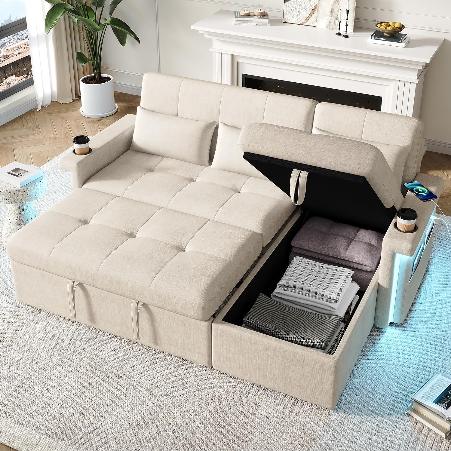 Divano, divani angolari moderni convertibile con LED(app), letto 3 posti, 3 posti con funzione letto, 2 portabevande, 3 cuscini, angolare-L, Cayipng