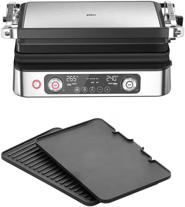 Bistecchiere, MultiGrill 9 Pro CG 9140, Griglia Elettrica con 2 Termostati Indipendenti, 3 Posizioni di Cottura, 2200 W, Nero, Braun