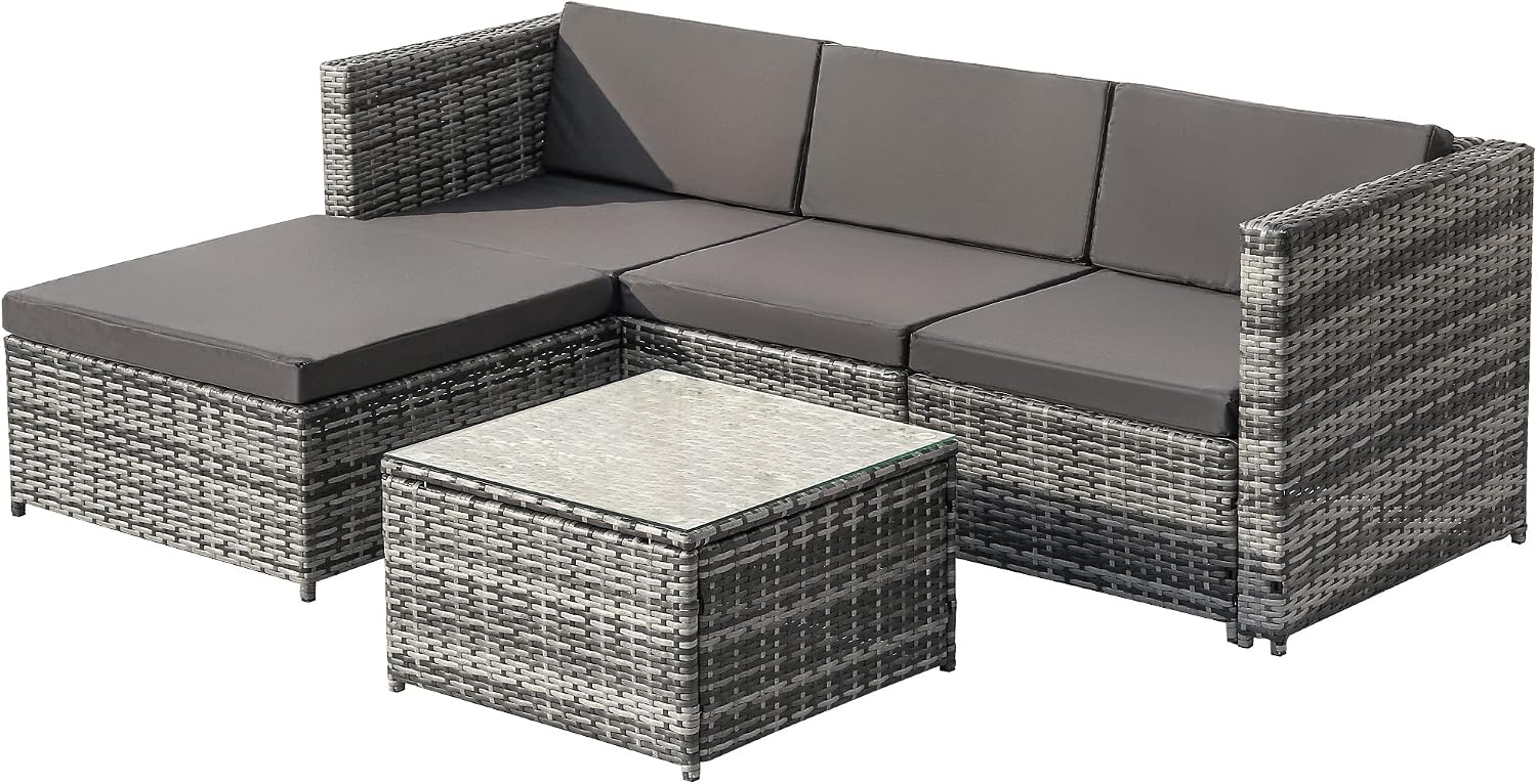Set mobili da giardino, con cuscino per seduta e schienale, tavolo lounge con piano in vetro (grigio), in polyrattan, divano angolare, Moimhear