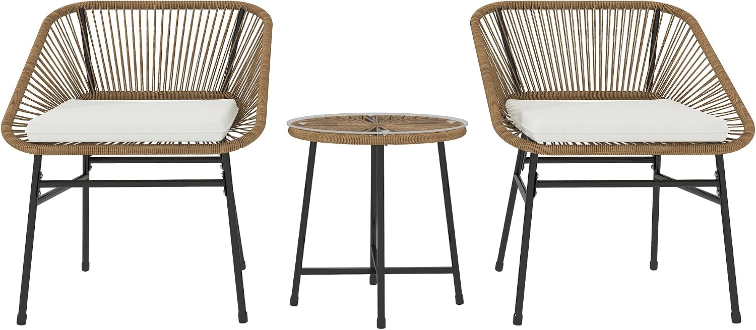 Set bistrò, per Patio e Cortile, Color Legno, Set da Giardino 3 Pezzi in Rattan PE e Acciaio, Set di Mobili da Balcone, Outsunny