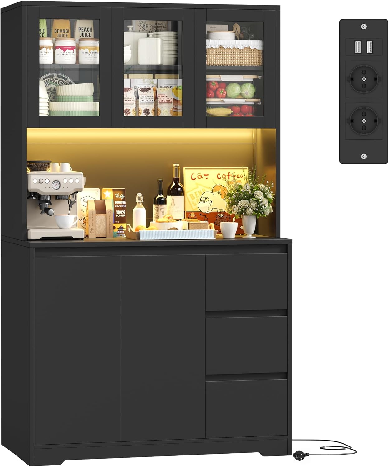 Credenza, Studio180x100x38,5 cm (Nero), Cucina, Alta con Luci a LED e Prese, Mobile Buffet con Cassetti e Armadi, Ripiani Regolabili, FirFurd