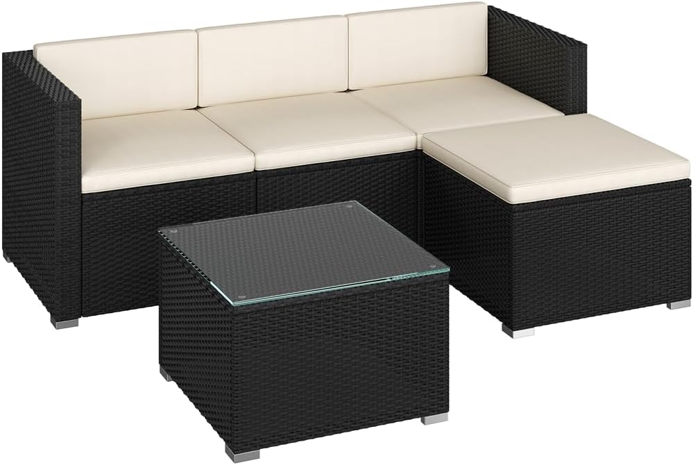 Set mobili da giardino, 2 Divani Angolari, Divano Poggiapiedi con Cuscini e Tavolo Laterale per Patio Balcone e Terrazza Nero, Beige, Yaheetech