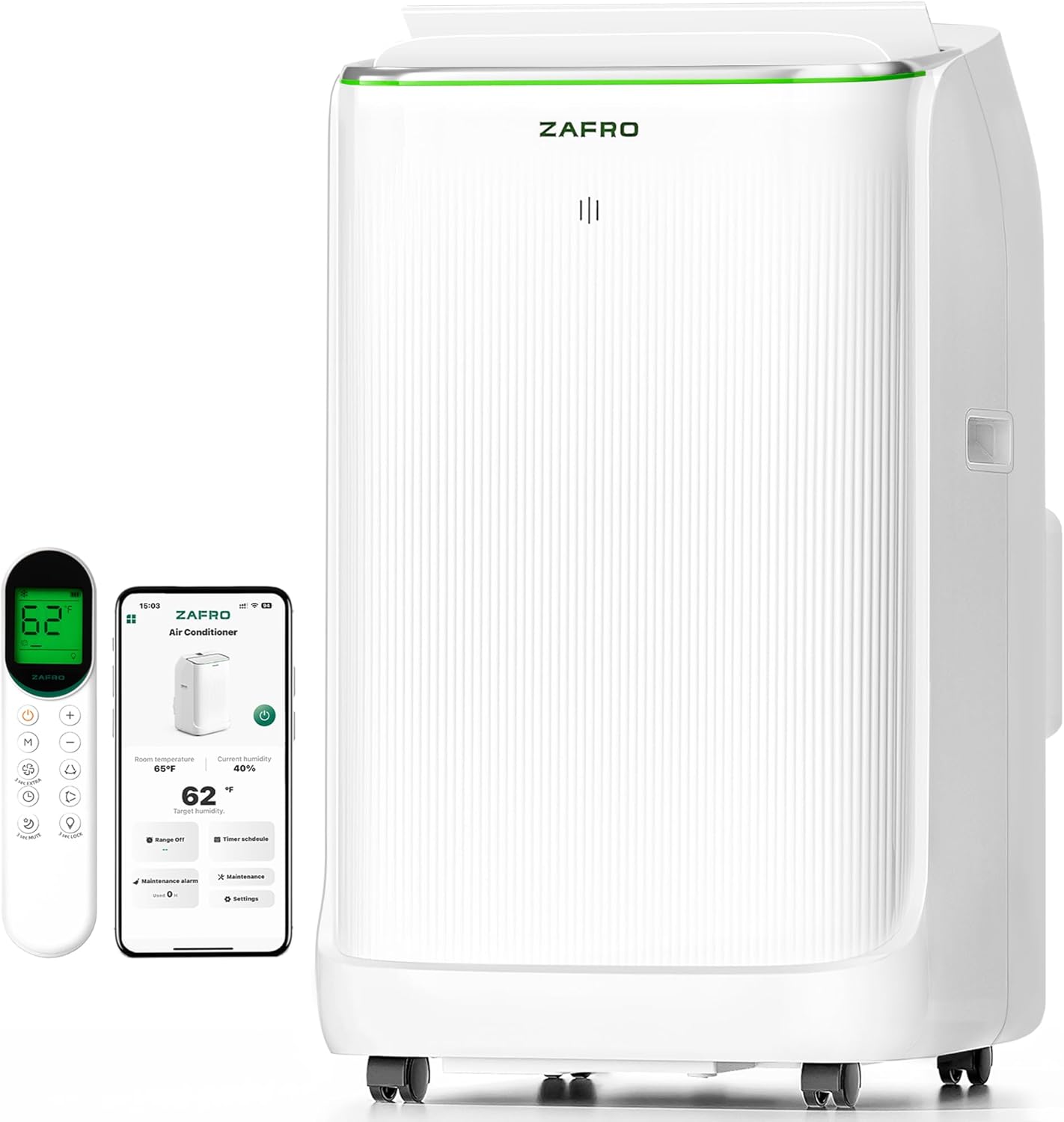 Condizionatore portatile, ultra silenzioso (38 dB), dispositivo di alimentazione CA portatile intelligente con doppio tubo, raffreddamento, ZAFRO