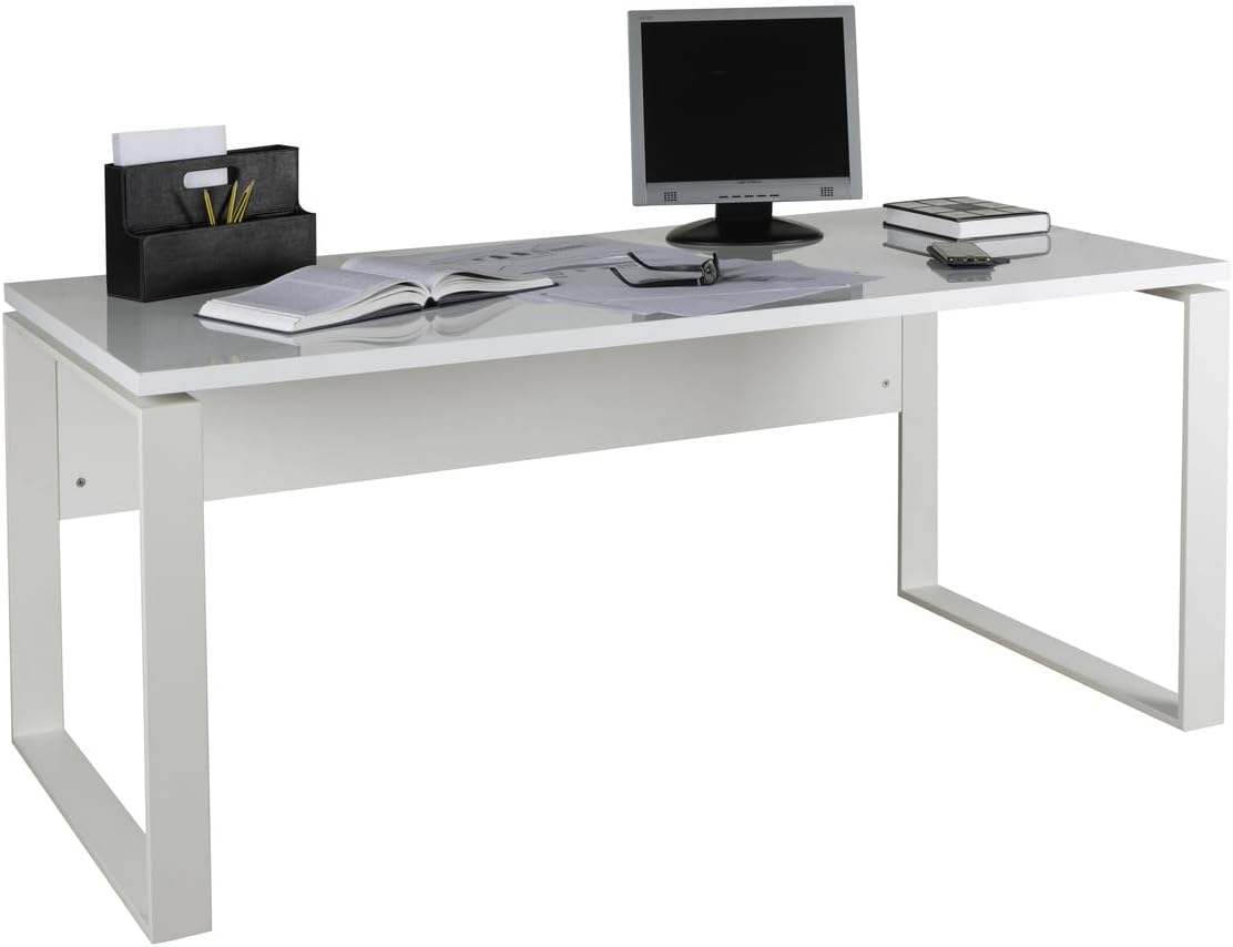 Scrivanie, Colore Bianco Laccato, per Ufficio, Scrivania della Linea DISEGNO con gambe in metallo, Scrivania PC Moderna, Studio, Composad