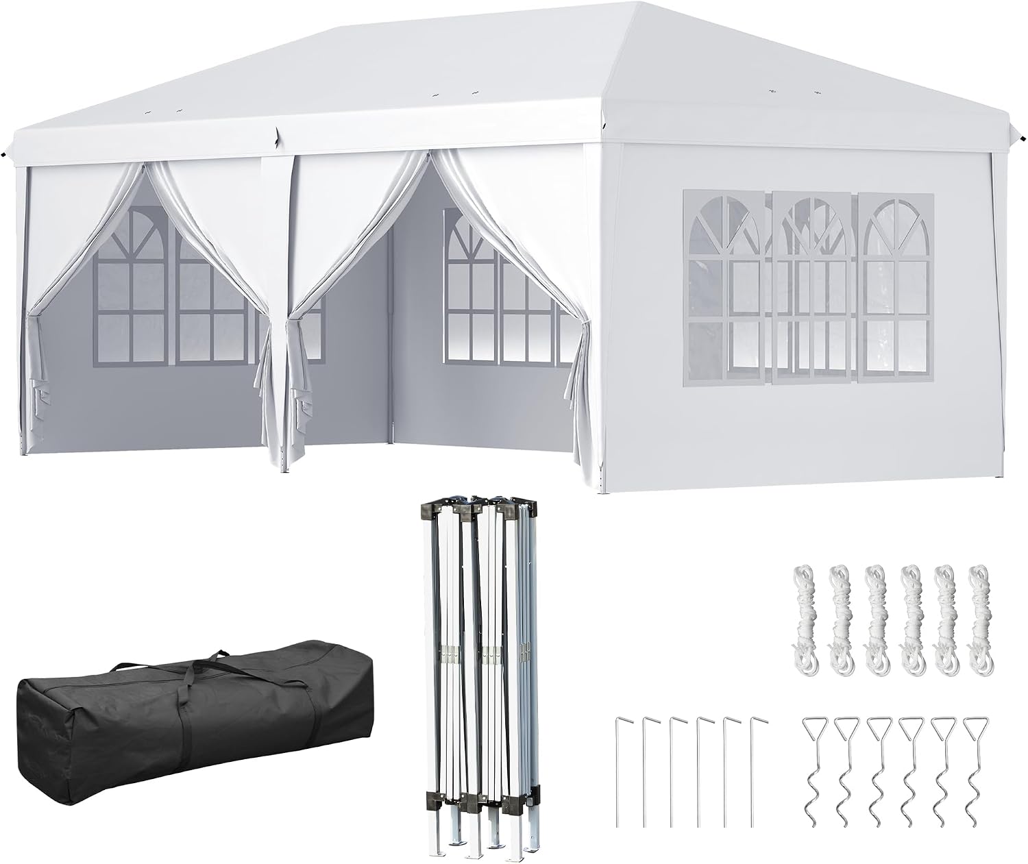 Gazebo, da Esterno con 12 Fori di Draneggio in Metallo e Oxford, per Giardino, Bianco, 2 Porte e Borsa da Trasporto, Feste, Outsunny