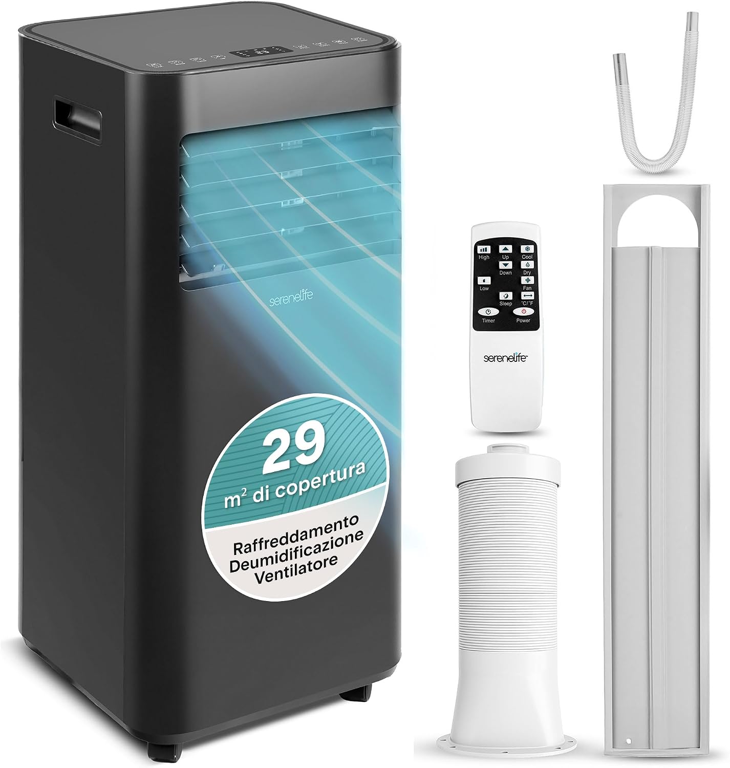 Condizionatore portatile, Pinguino Condizionatore 7000 BTU 2,05 kW, Climatizzatore Portatile, Compatto con Raffreddamento, Nero, SereneLife