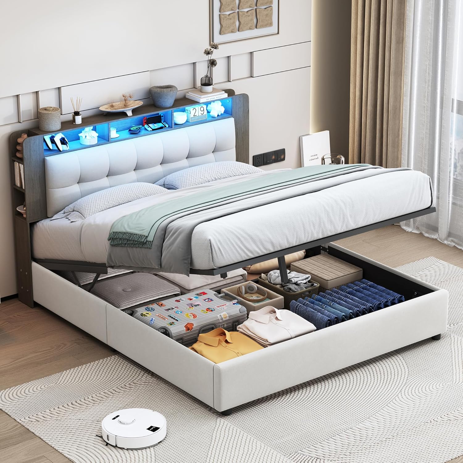 Strutture letto, Tessuto in Velluto Beige chiaro, Letto Matrimoniale 160x200 cm Imbottito con Contenitore, Sistema di Sollevamento a Gas, LED, BSMGSGN