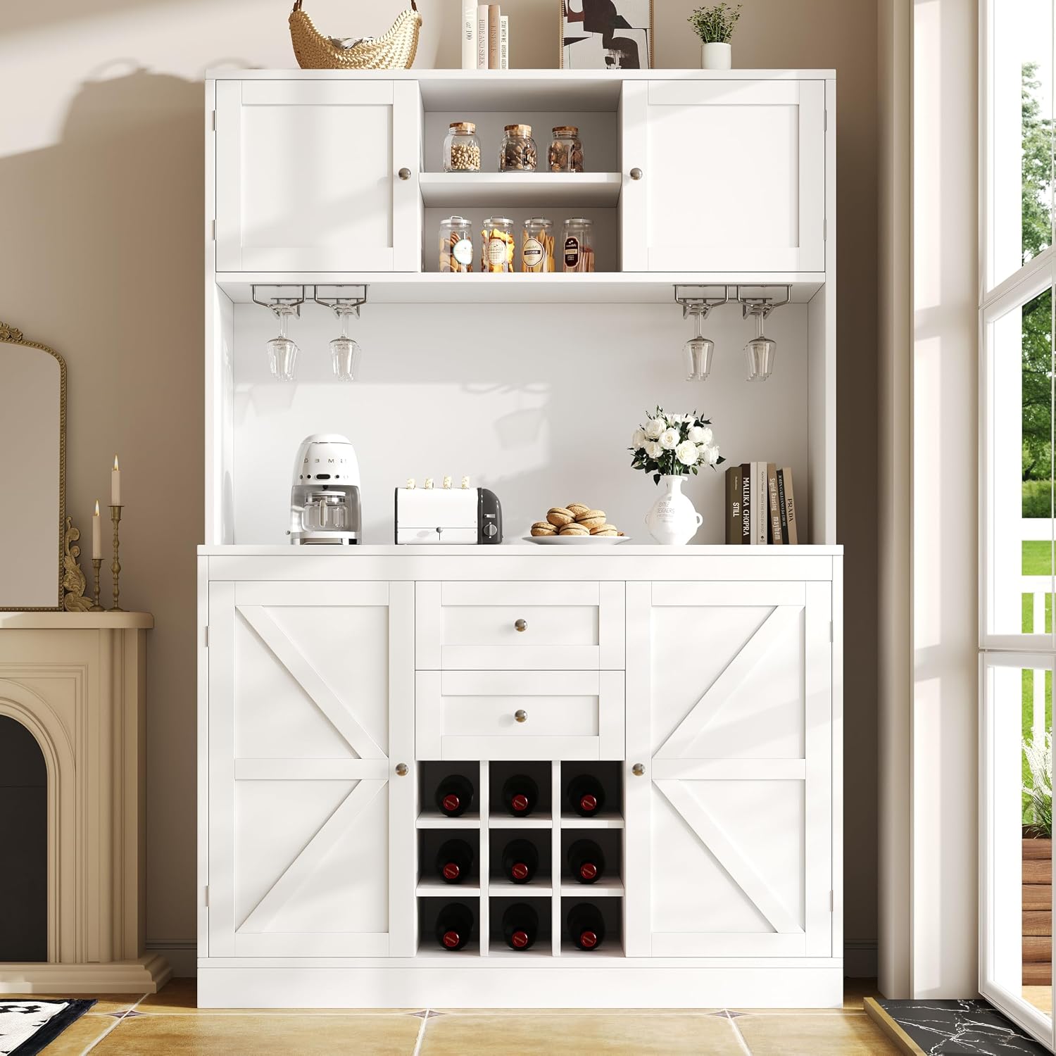 Mobili alti, armadietto a buffet, a buffet alto con 4 ante e 2 cassetti, Armadietto da cucina con ripiani regolabili e scaffale per vino, Soweiz