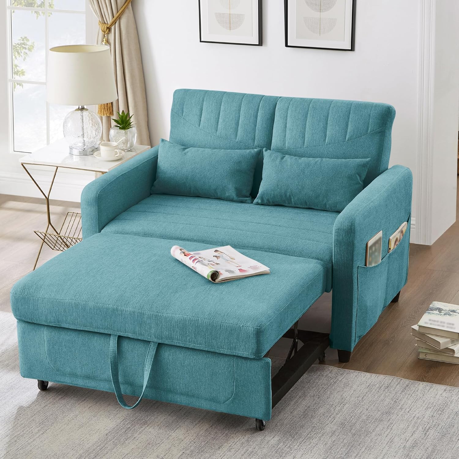 Divano, tessuto traspirante in cotone e lino (Antico Blu-verde), letto con funzione letto pieghevole a due posti, design estensibile, Rvjiahe