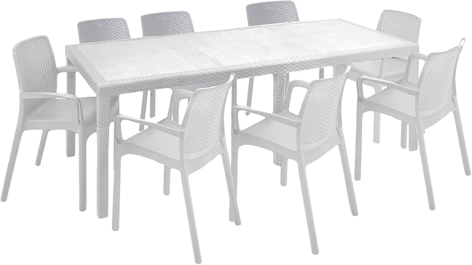 Set mobili da giardino, Bianco, Tavolo Rettangolare allungabile con 8 sedie con braccioli, Salottino Outdoor, Made in Italy, Dmora