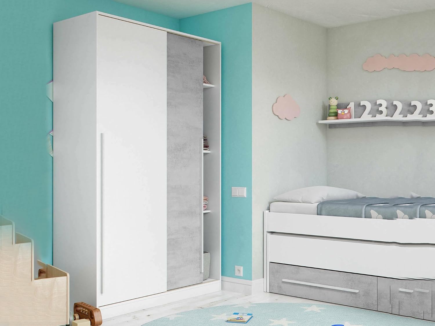 Armadio, Cemento e Bianco, per Camera da Letto, Guardaroba 2 Ante Downey, Mobile con Barra Appendiabiti e 3 Ripiani, Dmora
