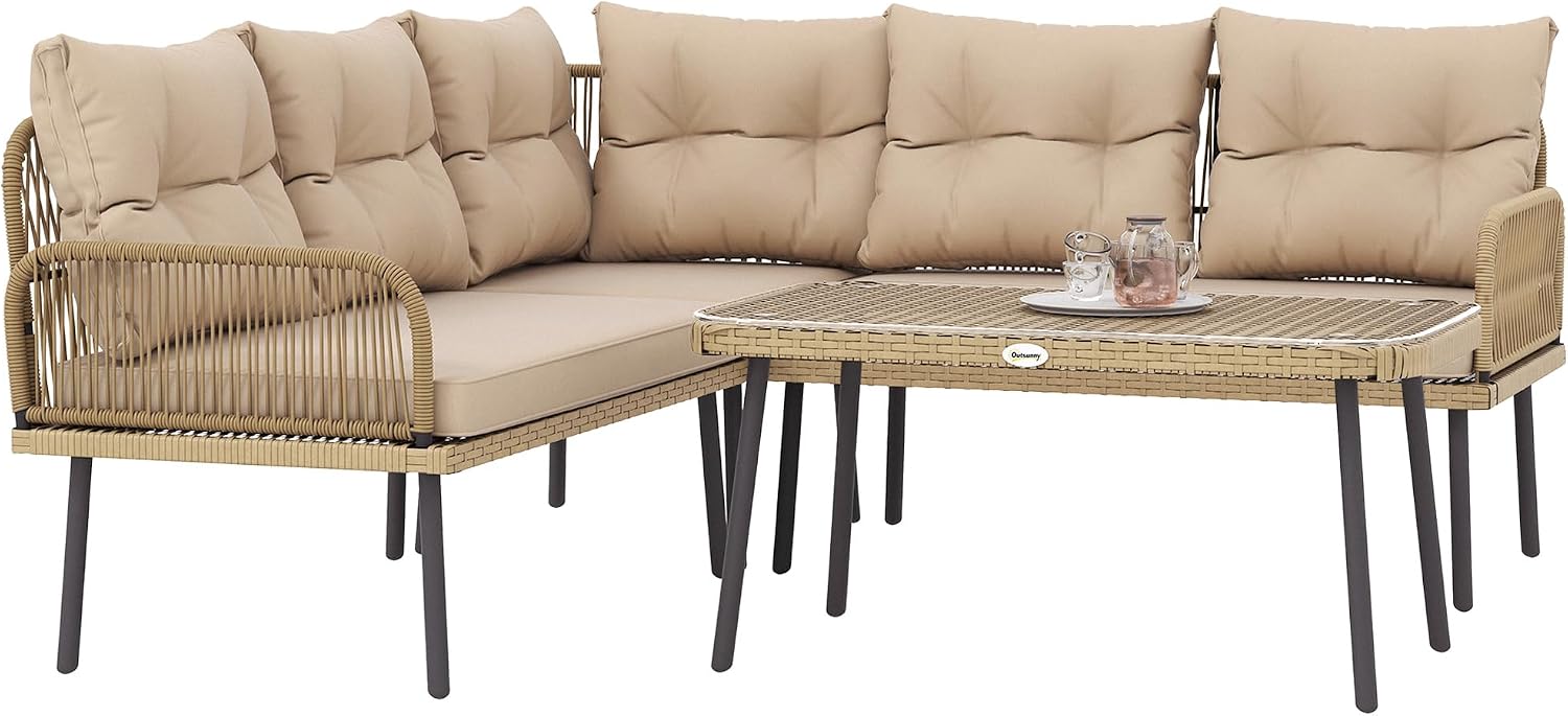 Set mobili da giardino, Salotto da Esterno con 2 Divano a 2 Posti, Struttura in Acciaio, Poltrona Angolare, Naturale, Beige, Outsunny