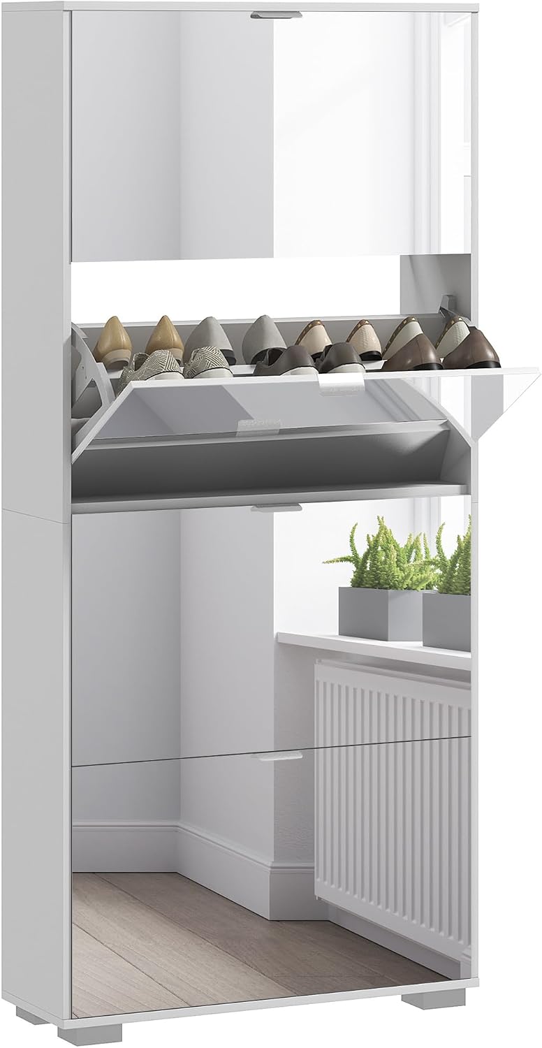 Scarpiere, Scarpiera Salvaspazio con Specchio e 4 Cassetti a Ribalta, Mobile Portascarpe Slim per 24 Paia di Scarpe per Ingresso e Camera, HOMCOM