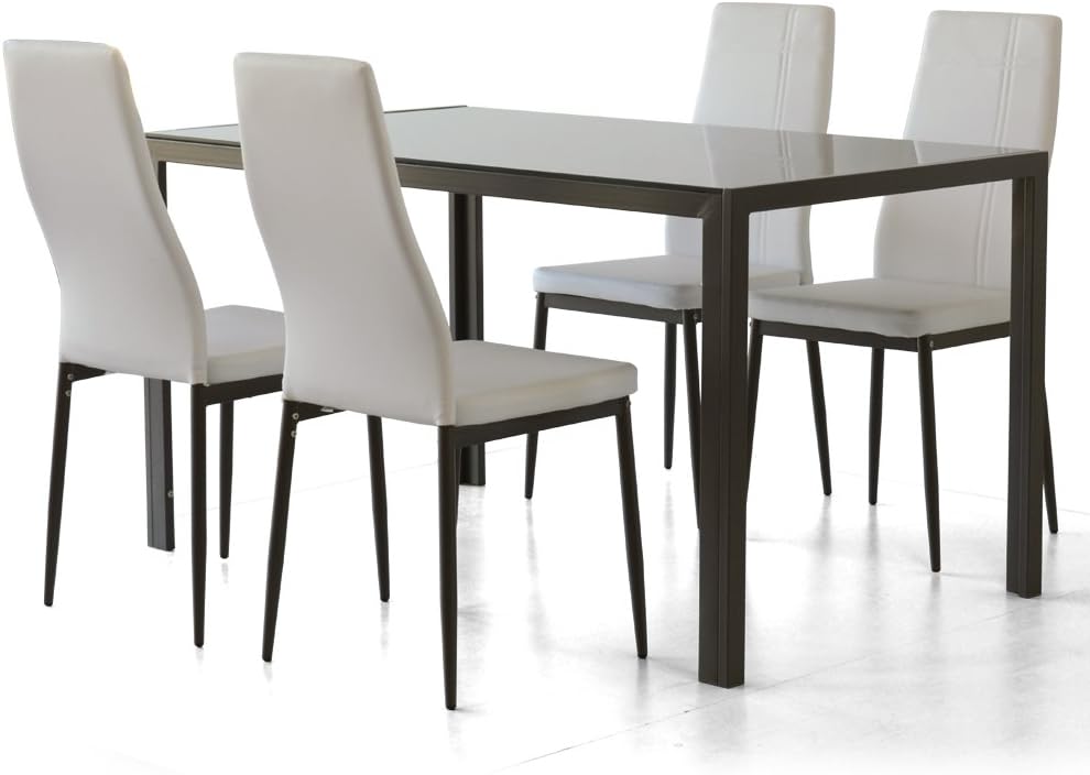 Set sala da pranzo 135X80X76, Seduta In Finta Pelle, Robusto Piano Del Tavolo In Vetro Di Sicurezza, Vetro Temperato, Poliuretano, Alluminio, Cribel