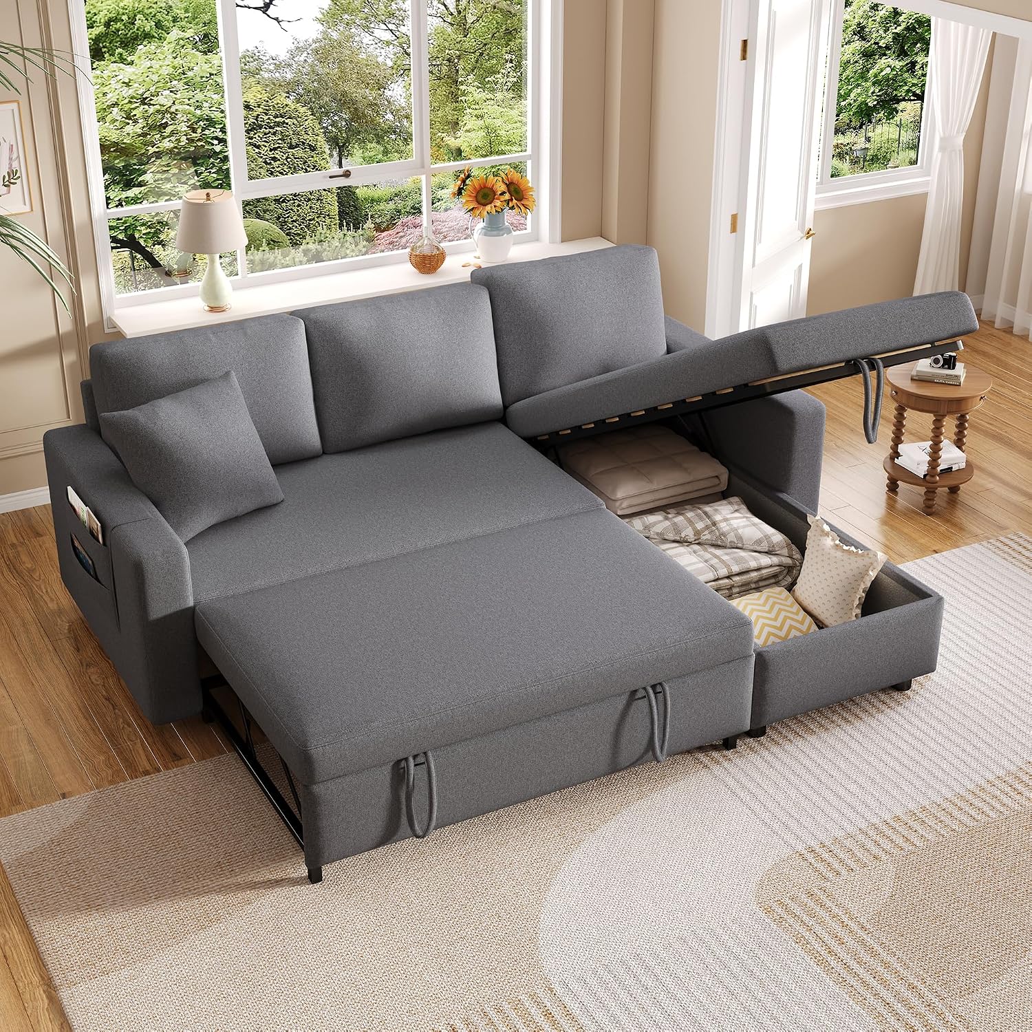 Divano, letto estraibile (grigio B, 3 posti), in cotone e lino, Bladez