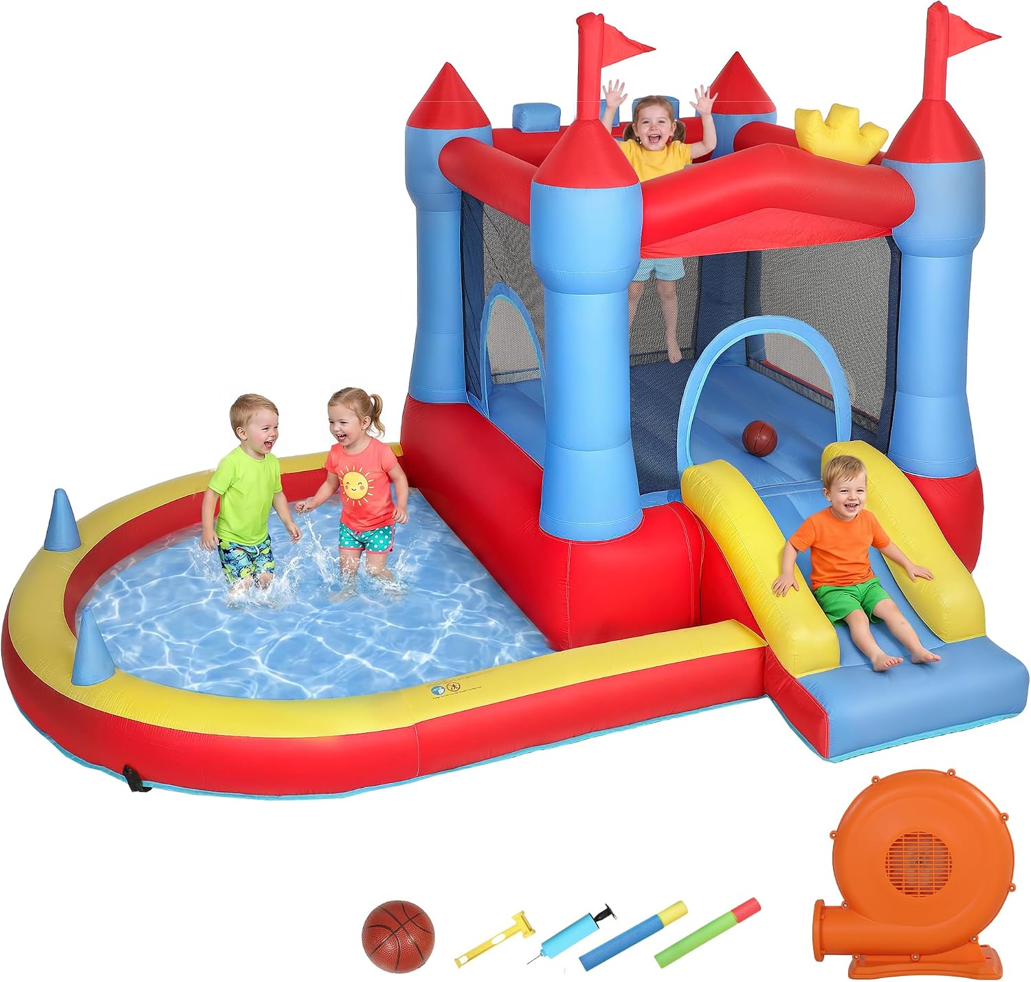 Giochi e castelli gonfiabili 840D, Parco Acquatico con Scivolo, Trampolino, Piscina Palline, Canestro Basket, Soffiatore, Borsa Trasporto, AIYAPLAY