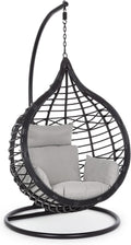 Sedia sospesa, Poltrona a dondolo sospesa 'Torres' per giardino e veranda in rattan con cuscino Nero, Decor Space