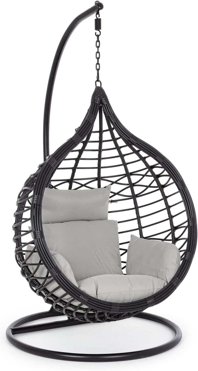 Sedia sospesa, Poltrona a dondolo sospesa 'Torres' per giardino e veranda in rattan con cuscino Nero, Decor Space