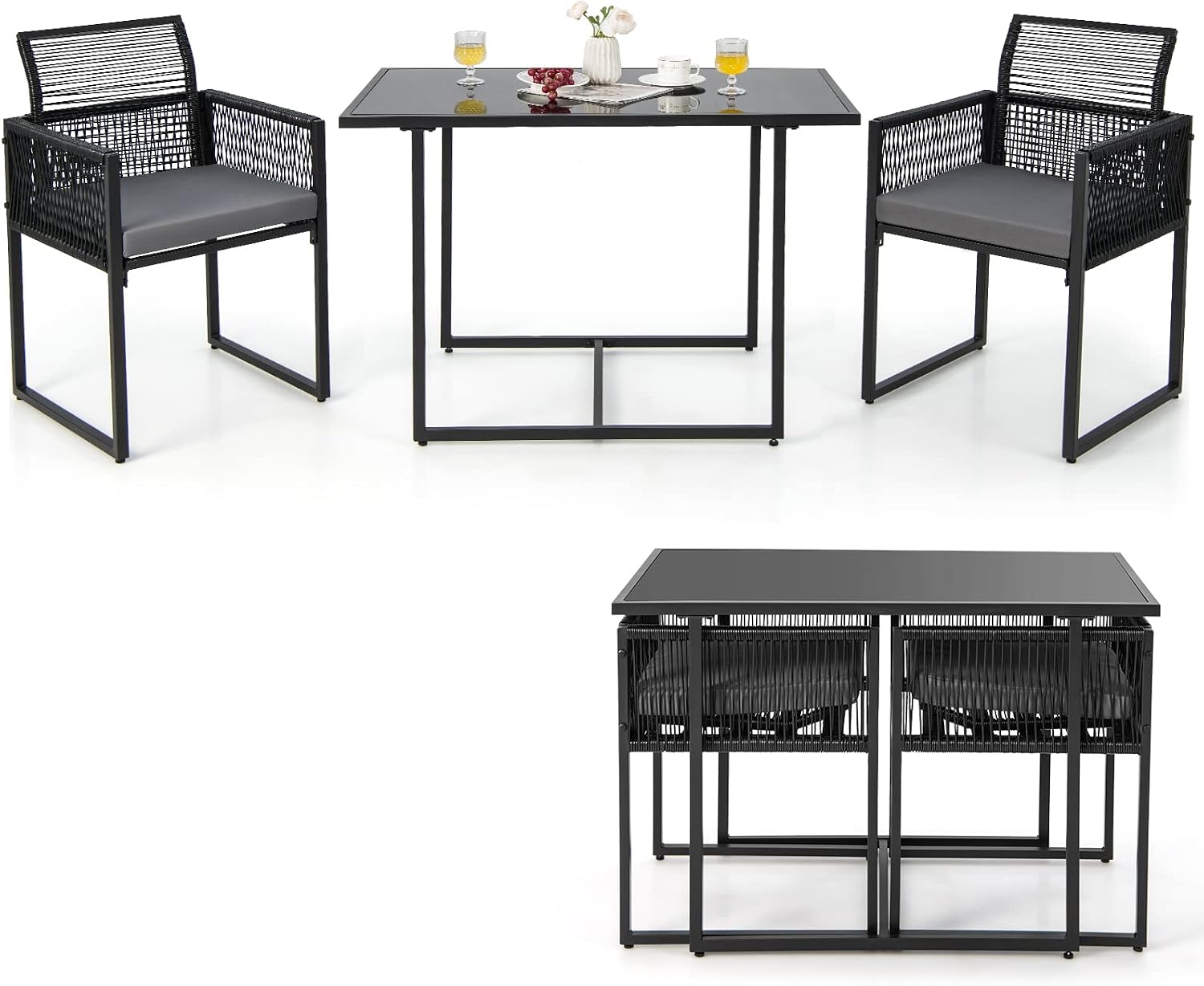 Set mobili da giardino, per Balcone Giardino, Tavolo in Vetro Temperato, Set di 3 Pezzi Pranzo da Giardino, COSTWAY