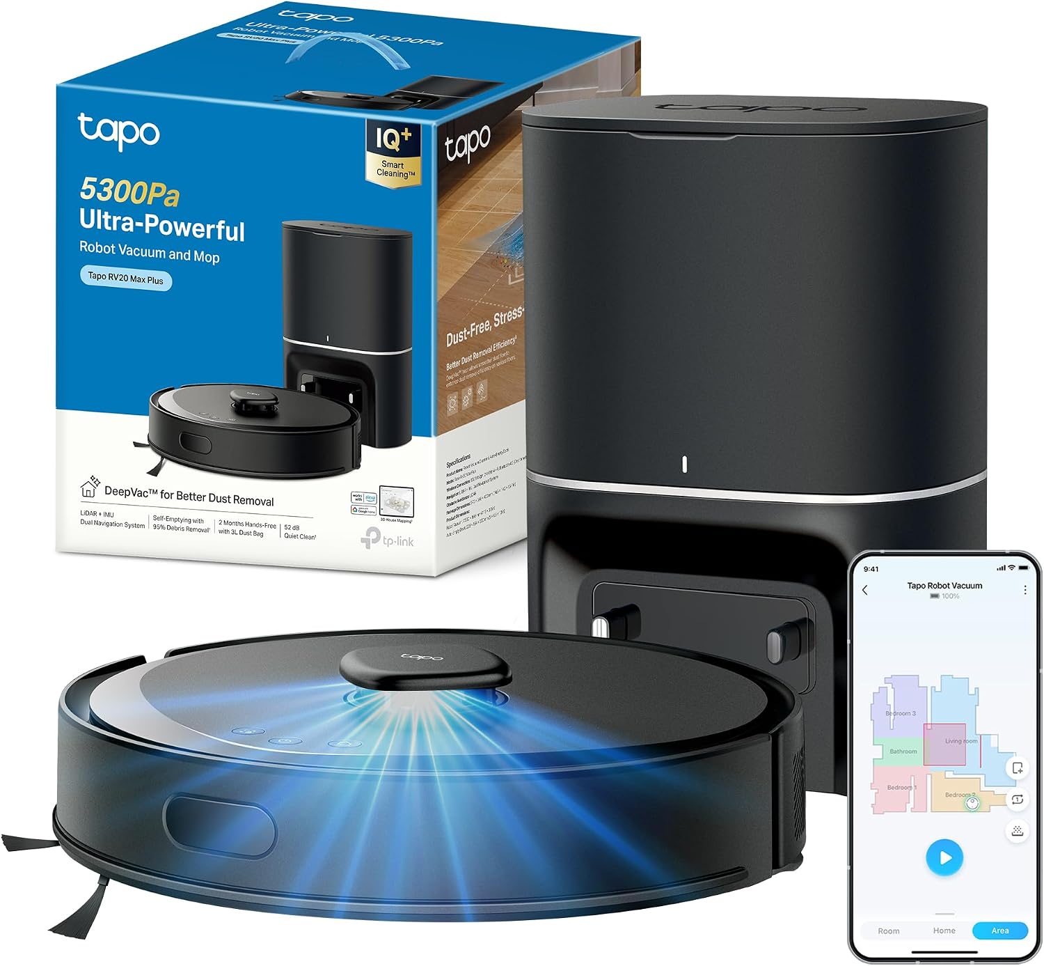 Robot aspirapolvere RV30, Max Plus Lavapavimenti con Mappatura 5300 Pa, Svuotamento Automatico Polvere 3 L, Doppia Navigazione LiDAR +IMU, Tapo