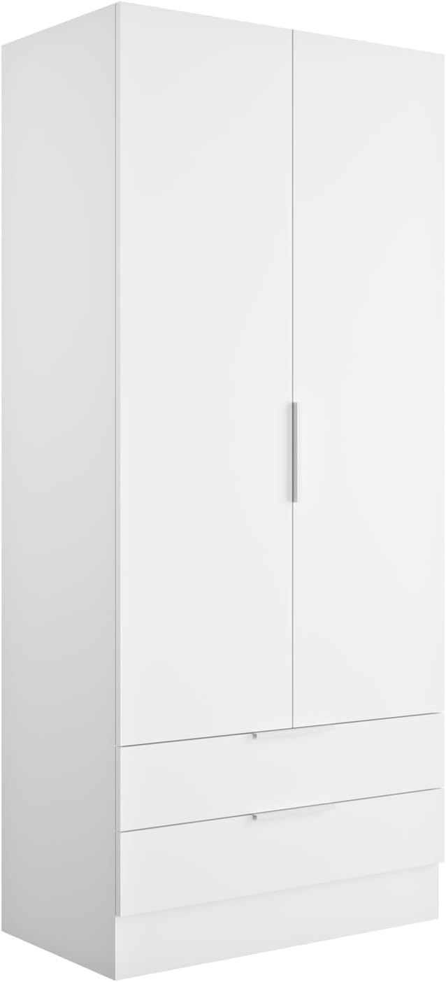 Armadio, Colore Bianco, per Camera da letto, della Linea ESPRESSO con 2 Ante e 2 Cassetti, (LxAxP) 81,9x184,4x46,3 cm, Contenitore, Composad