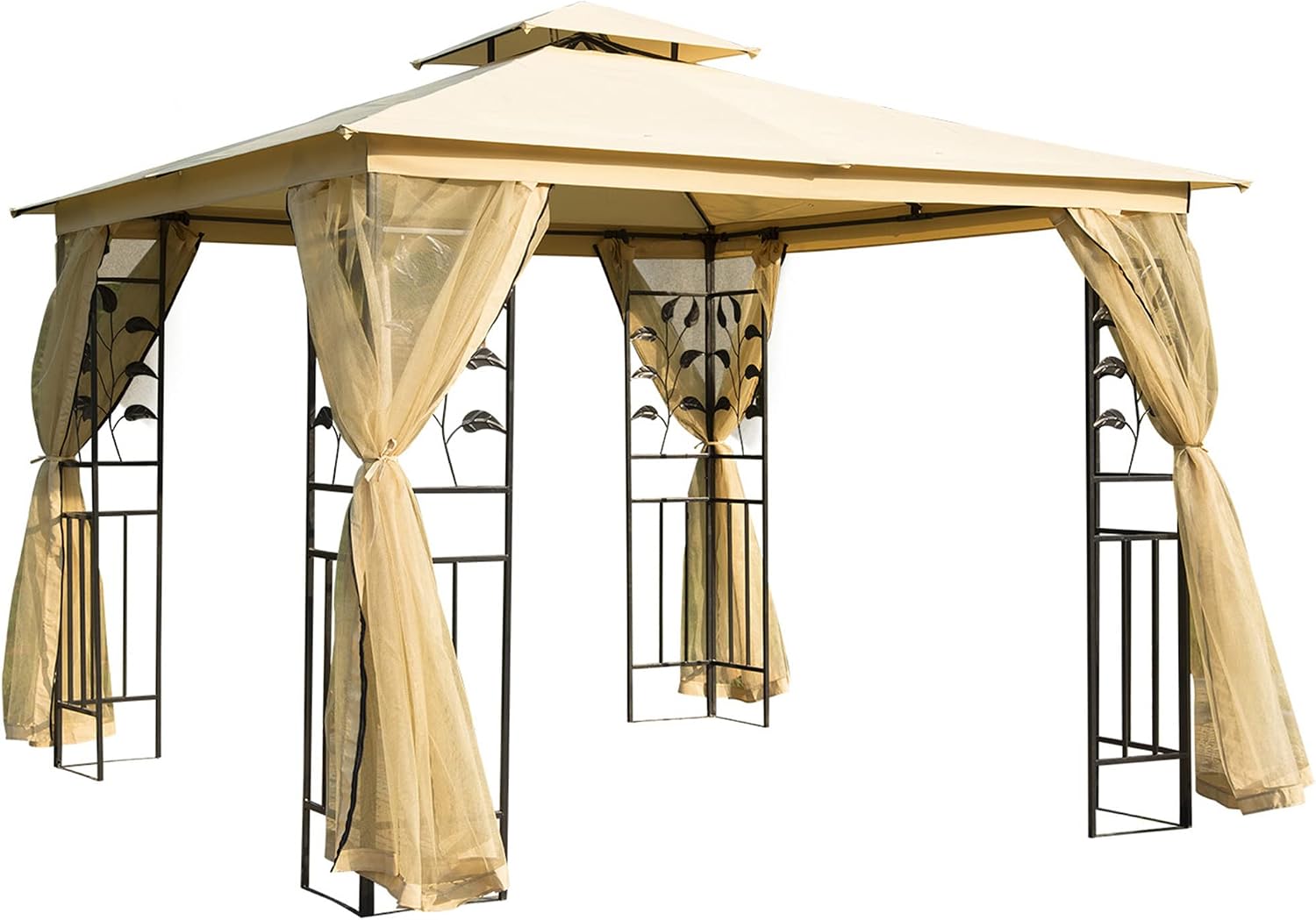 Gazebo, Telaio in Acciaio e Doppio Tettuccio, Beige, Outsunny