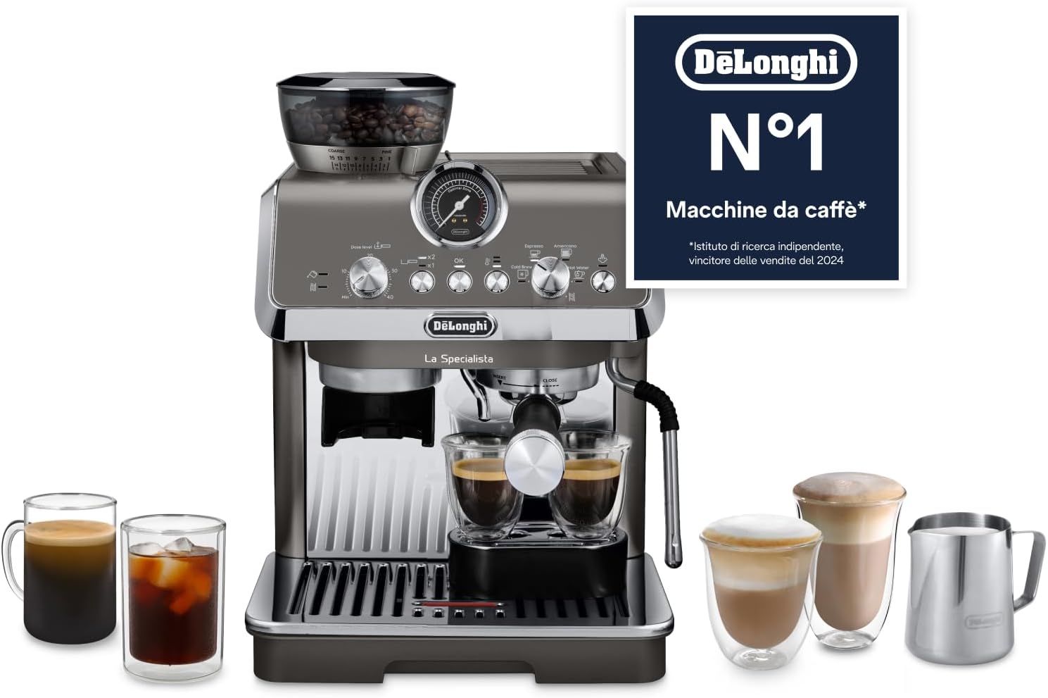 De'Longhi EC9255 macchina da caffè automatica, Montalatte Manuale My Latte Art, Controllo Temperatura, Titanio, Incluso Kit da Barista