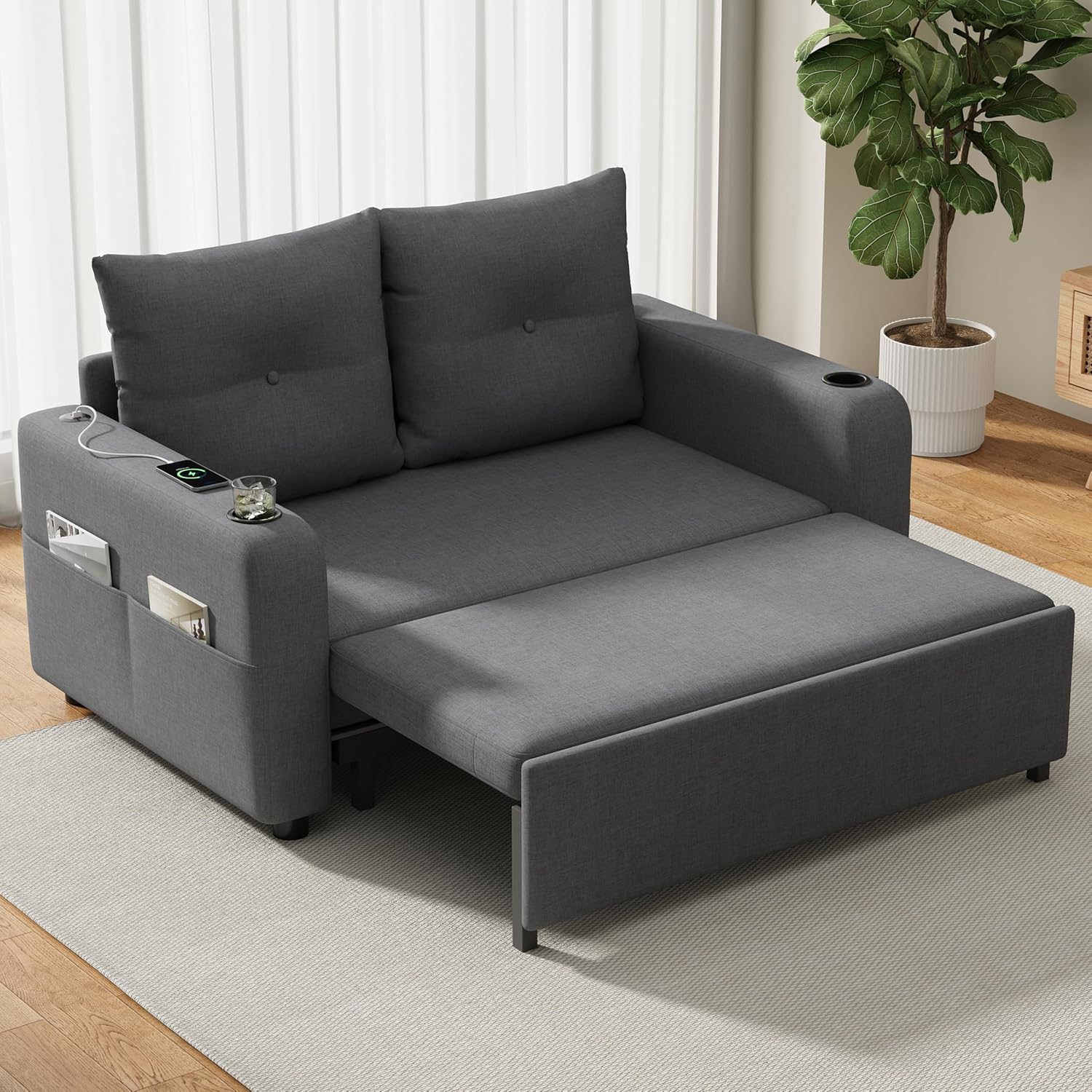 Divano, adatto per soggiorno e camera da letto (grigio), letto 3 in 1, letto estraibile con funzione sonno, doppio con porta bevande, Lcoho