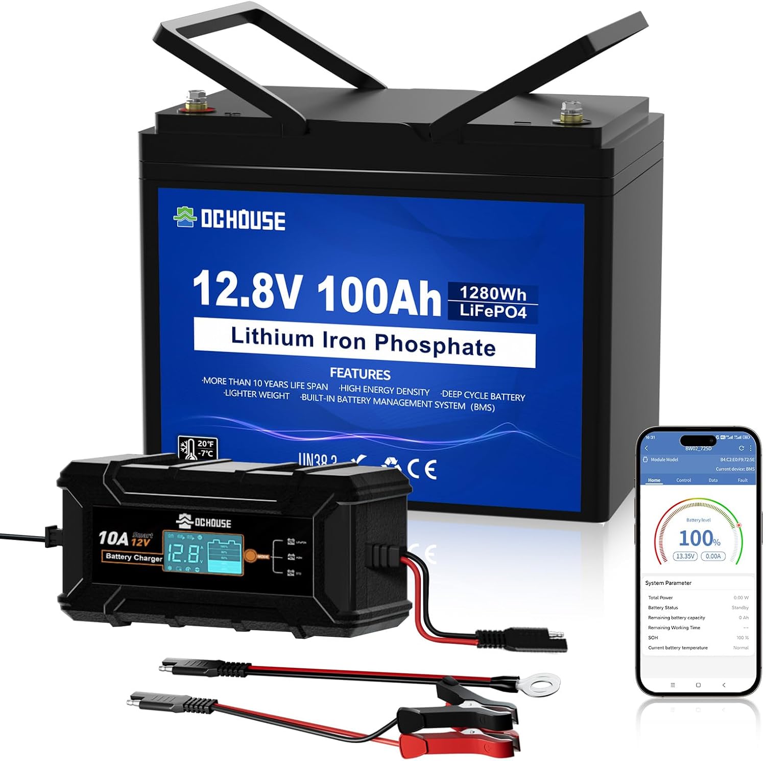 Batterie a ciclo profondo 100A, BMS, Protezione da Bassa Temperatura, Batteria LiFePO4 12 V 100 Ah con Bluetooth e Caricabatterie 10A, DCHOUSE