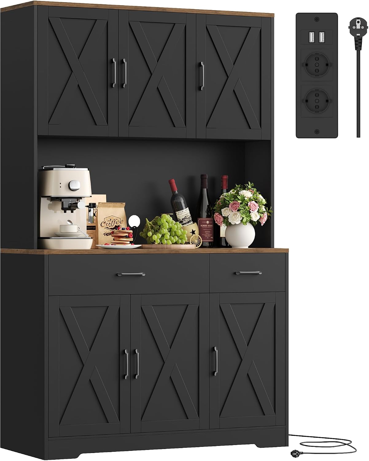 Credenza, Nero, Alta Dispensa Cucina con Presa Elettrica, Ripiani Regolabili, Microonde con Ripiani Aperti, mobile soggiorno, HOCSOK