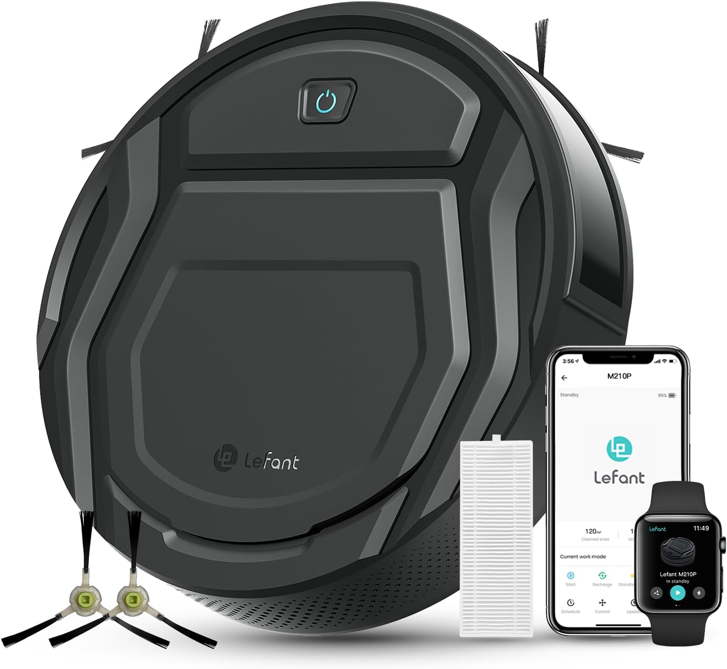 Robot aspirapolvere M210P, Potenza 2200 Pa, Ultra Sottile 7.8 cm, Controllo Wi-Fi, APP, Alexa, Auto 120 Minuti, Nero, Senza Grovigli, Lefant