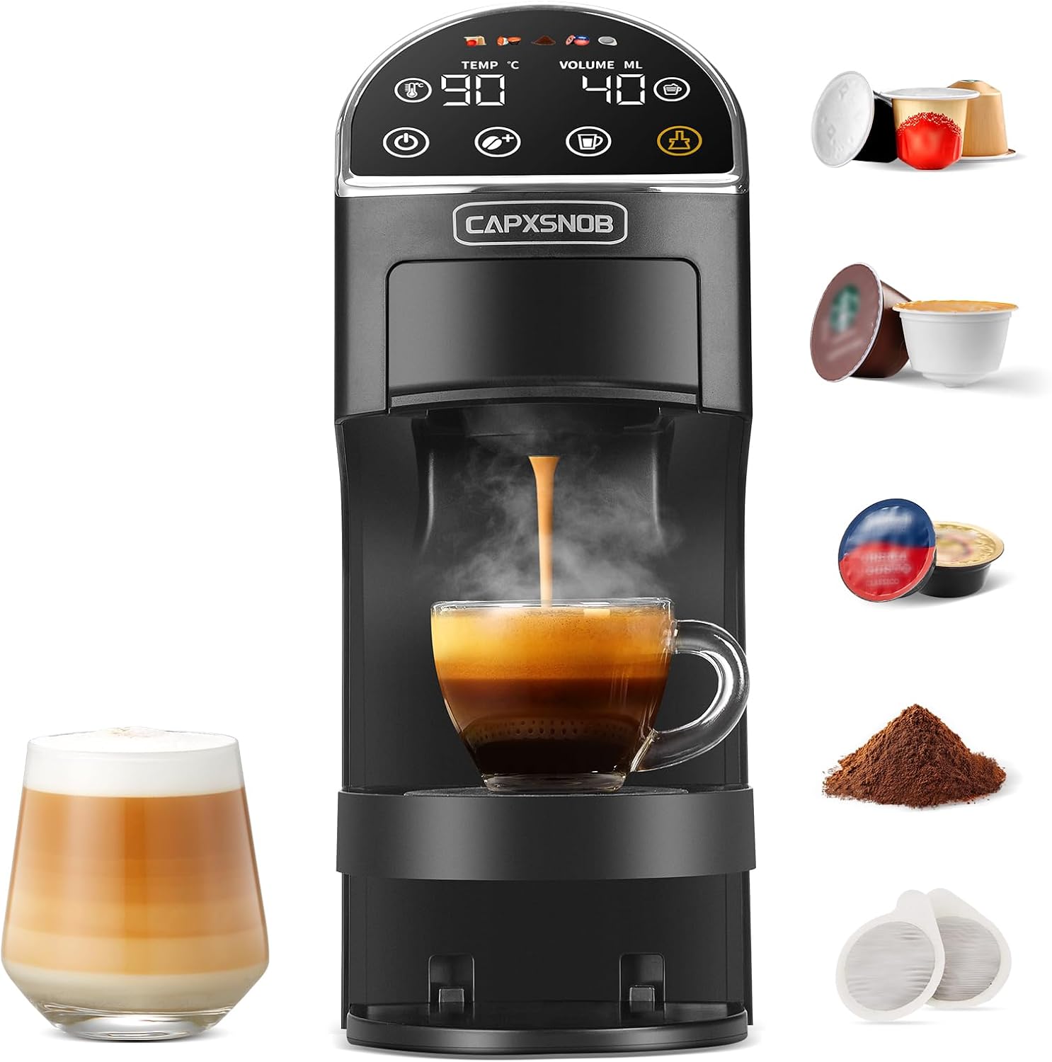 Macchina da caffè 5-IN-1, Dolce Gusto, Lavazza A Modo Mio, Touch LED, Cialde ESE 44 e Macinato, 20 Bar, 1,2 L, Auto-Adattivo, CAPXSNOB