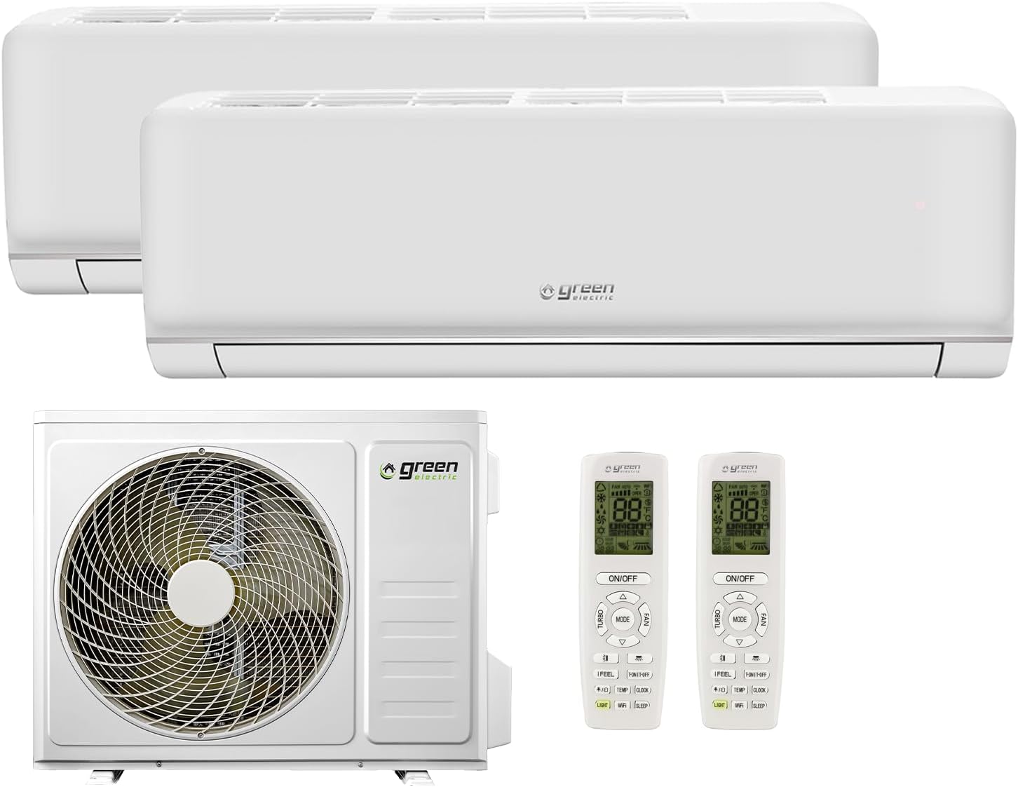 Climatizzatore split R32, Plus Condizionatore Climatizzatore Dual Split 9000 + 9000 BTU, Due Unità Interne e 1 Unità Esterna, Wi-Fi, GREEN ELECTRIC