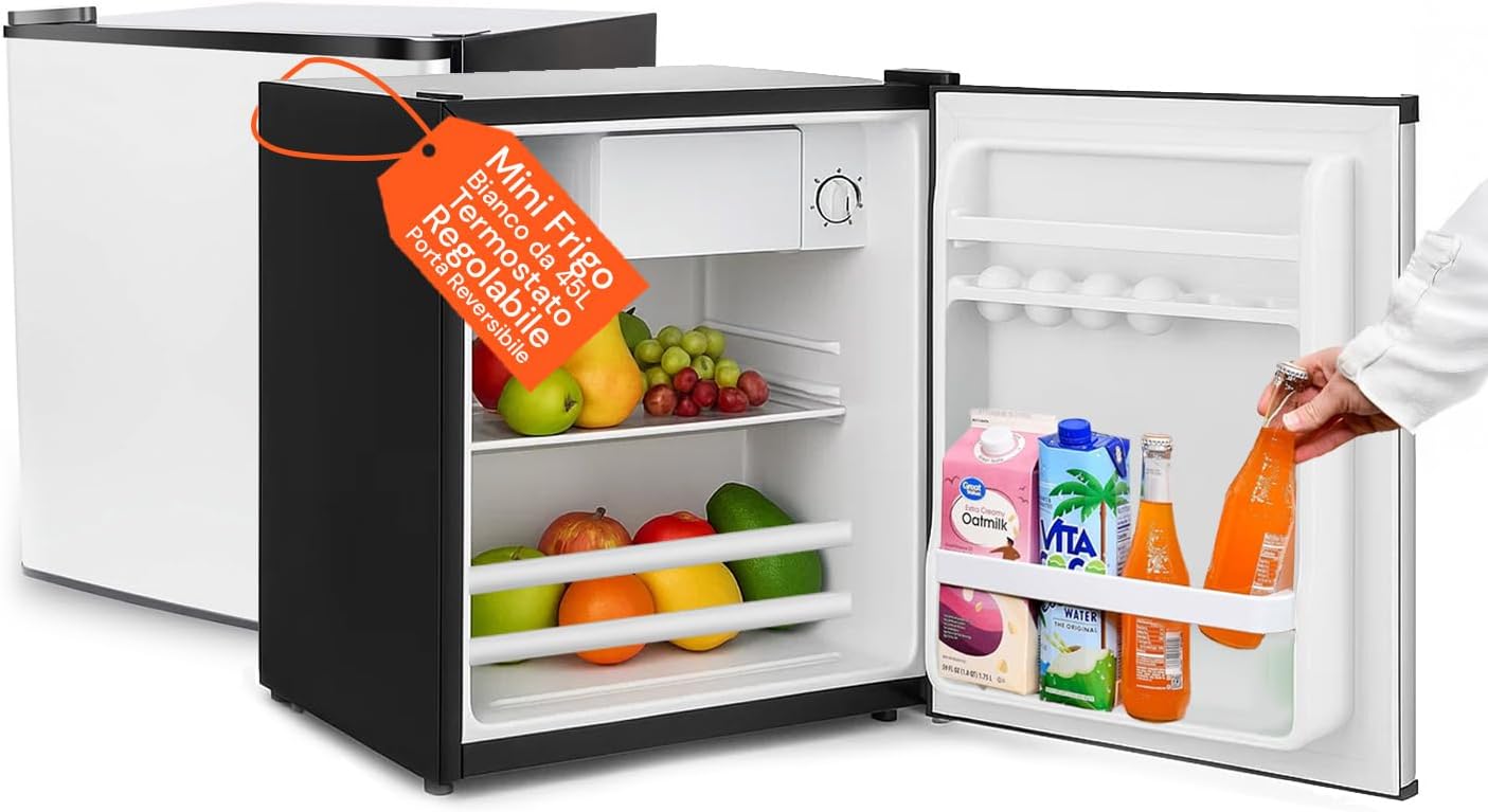Mini frigorifero, Mini Frigo Compatto da 45 L con Termostato Regolabile, Porta Bianca Reversibile e Funzionamento Silenzioso per Camera, Avilia